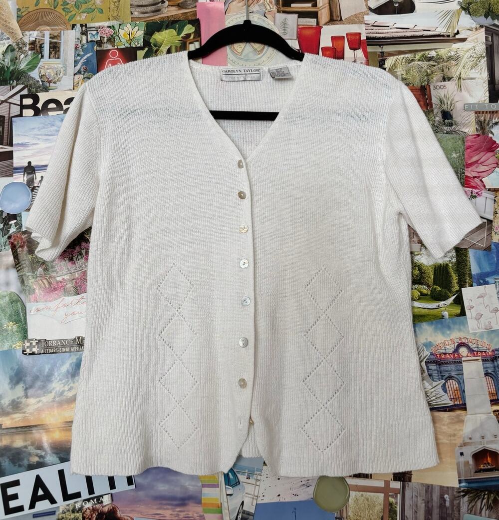 Cream Carolyn Taylor Cotton Blend V-Neck Sweater Top M